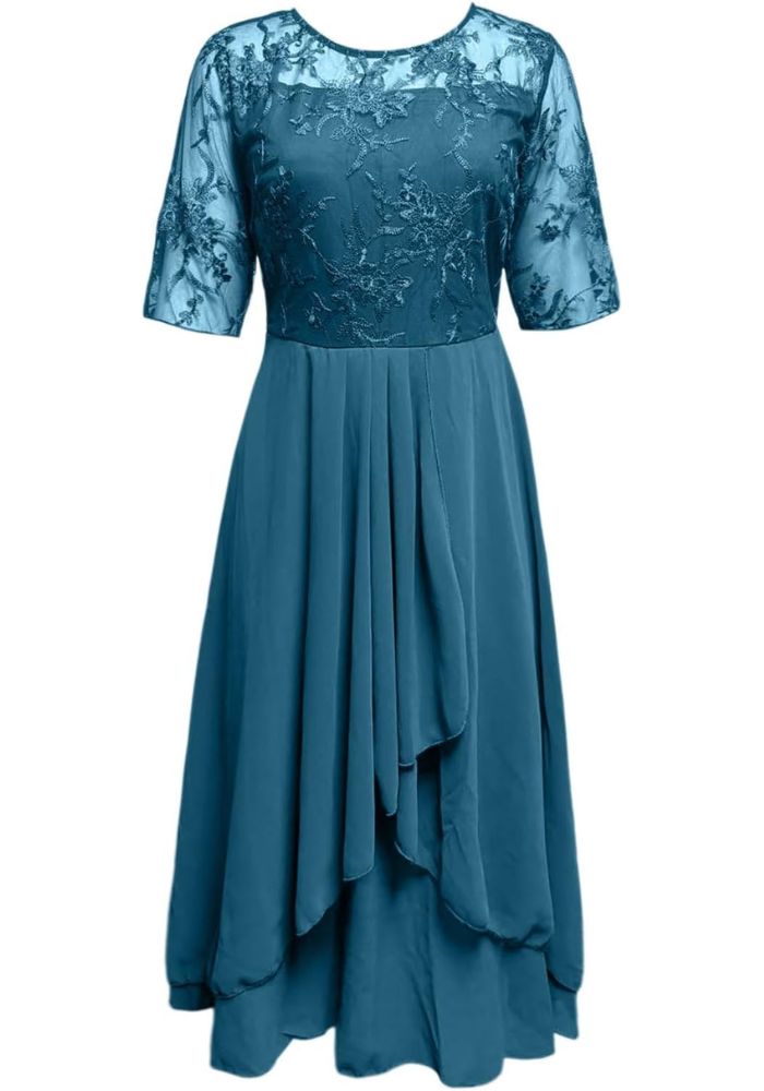 Women's Short Sleeve Layered Round Neck Wedding Guest Dress | Midi