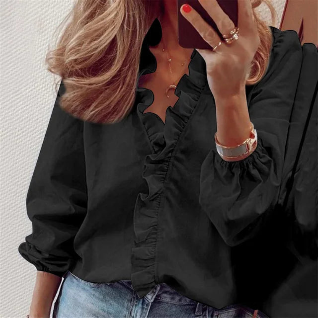 Women's Stylish Ruffle V-Neck Blouse | Long Sleeve