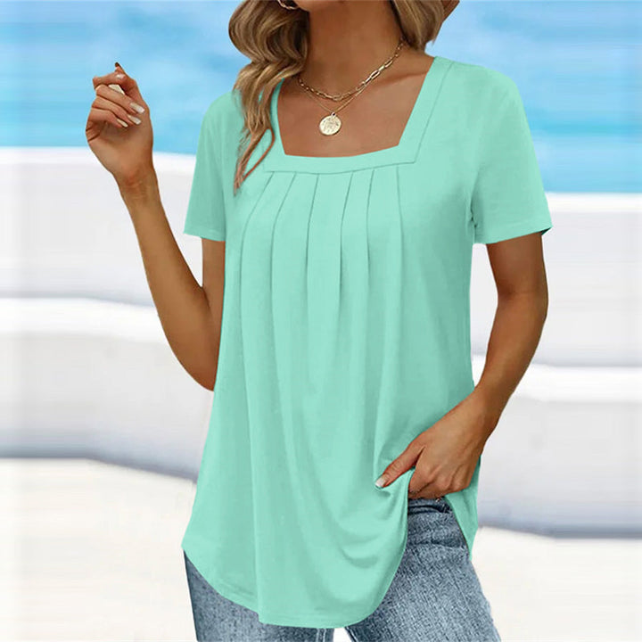 Women's Pleated Blouse with Square Neckline | Short Sleeve