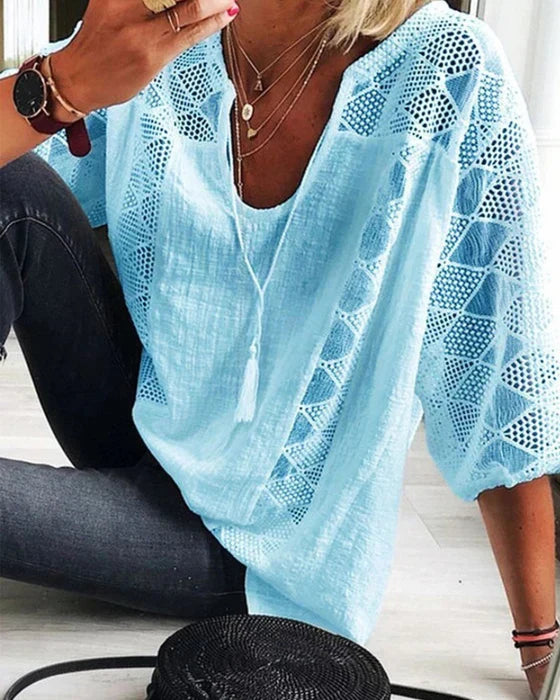 Women's Casual 3/4 Sleeve Top with Tassels | V-Neck