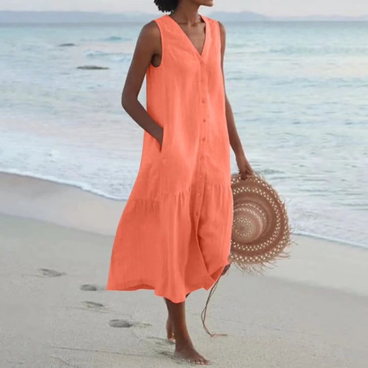 Women's Button-Down Sleeveless V-Neck Beach Dress | Midi