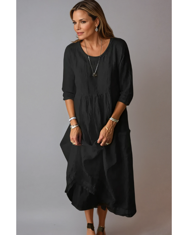 Women's Plain 3/4 Sleeve Round Neck Dress | Midi