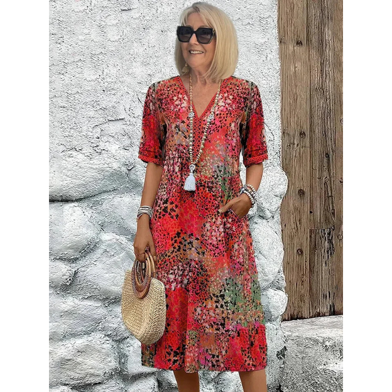 Women's Casual Loose Fit 3/4 Sleeve Midi Summer Dress | with Pockets