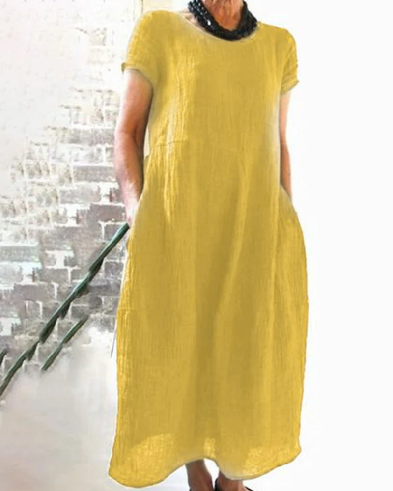 Women's A Line Round Neck with Short Sleeve Dress | Midi