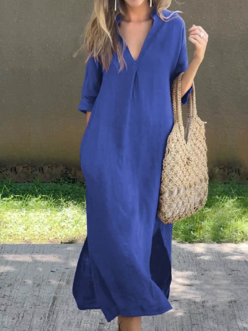 Women's Relaxed Fit 3/4 Sleeves V Neck Summer Dress | Midi