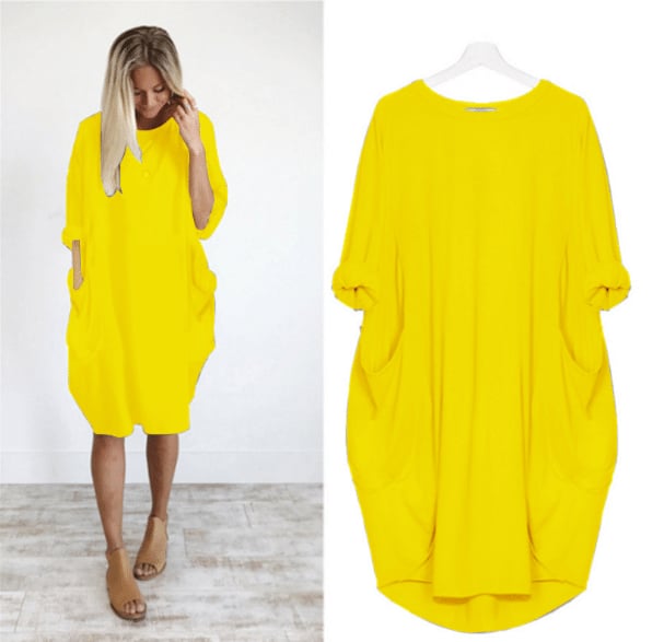 Women's Long Sleeve Loose Fit Round Neck Summer Dress | Midi