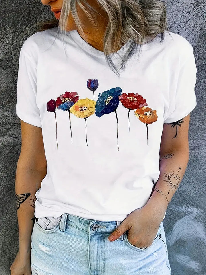 Women's White Floral Print Round Neck T-Shirt | Short Sleeve