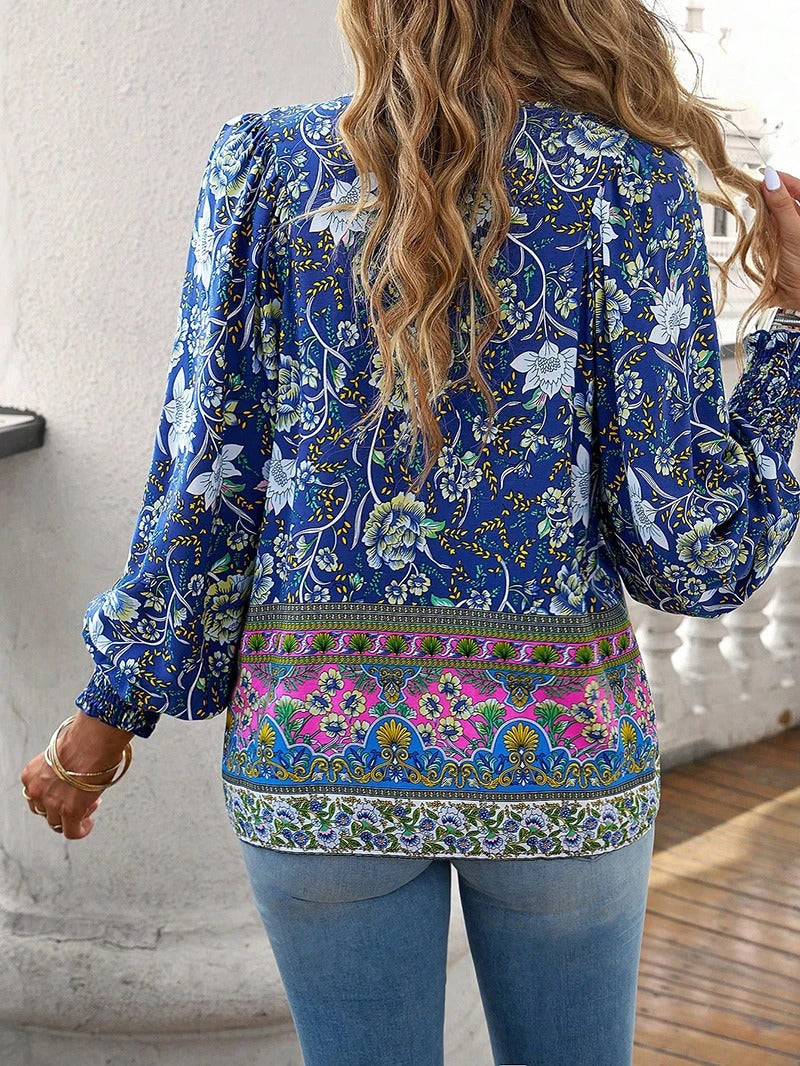 Women's Floral Print Long Sleeve Blouse | Tie-neck