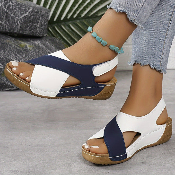 Women's Contrast Color Block Wedge Sandals | Cross Strap and Open Toe