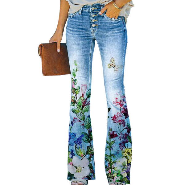 Women’s Floral Flared High Waist Pants | Button Fly