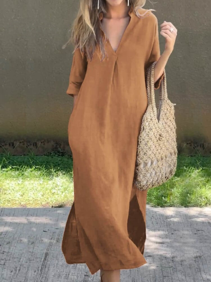 Women's Relaxed Fit 3/4 Sleeves V Neck Summer Dress | Midi