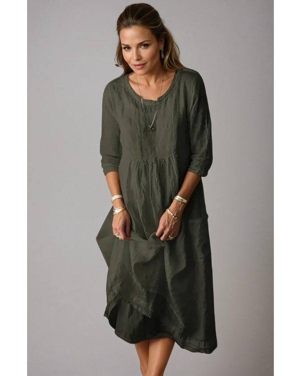Women's Plain 3/4 Sleeve Round Neck Dress | Midi