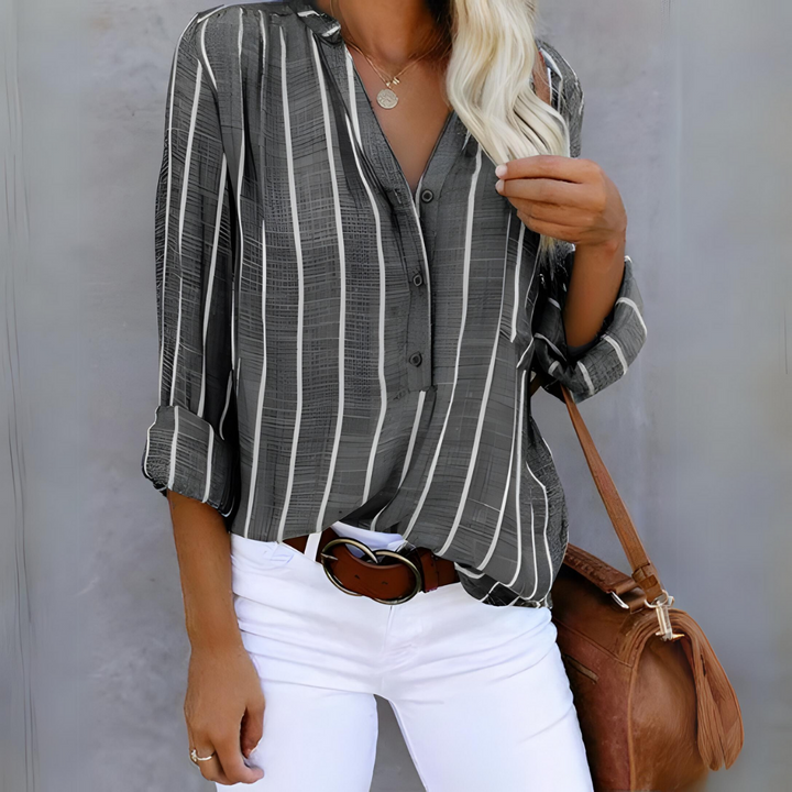 Women's Striped Long Sleeve V Neck Blouse | Button Down