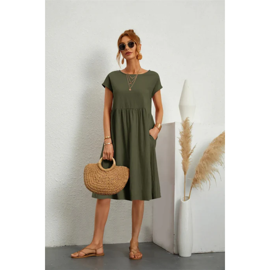 Women's Round Neck Short Sleeve Summer Midi Dress | with Pockets