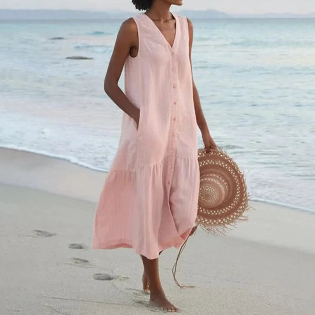 Women's Button-Down Sleeveless V-Neck Beach Dress | Midi
