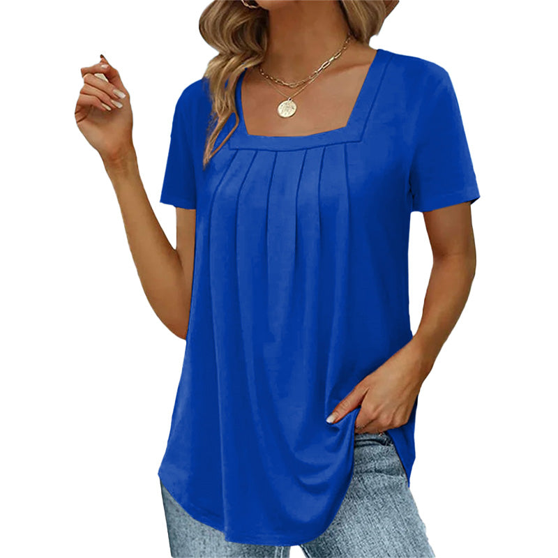 Women's Pleated Blouse with Square Neckline | Short Sleeve
