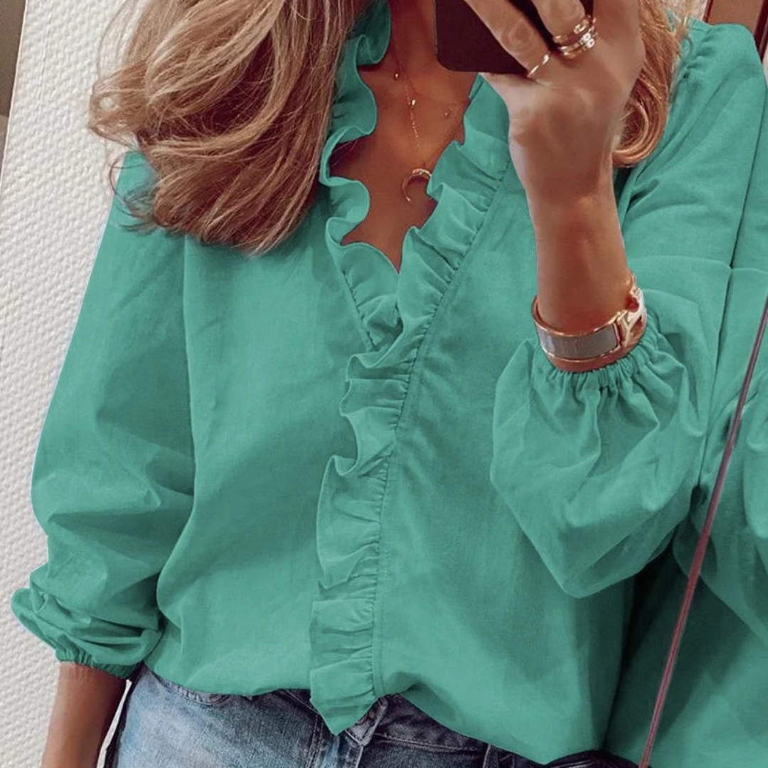 Women's Stylish Ruffle V-Neck Blouse | Long Sleeve