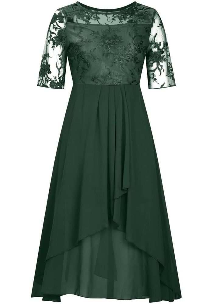 Women's Short Sleeve Layered Round Neck Wedding Guest Dress | Midi