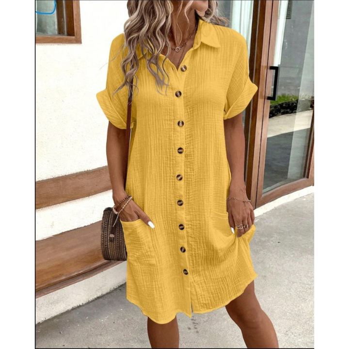 Women's V Neck Shirt Dress with Button Down & Short Sleeves | Mini