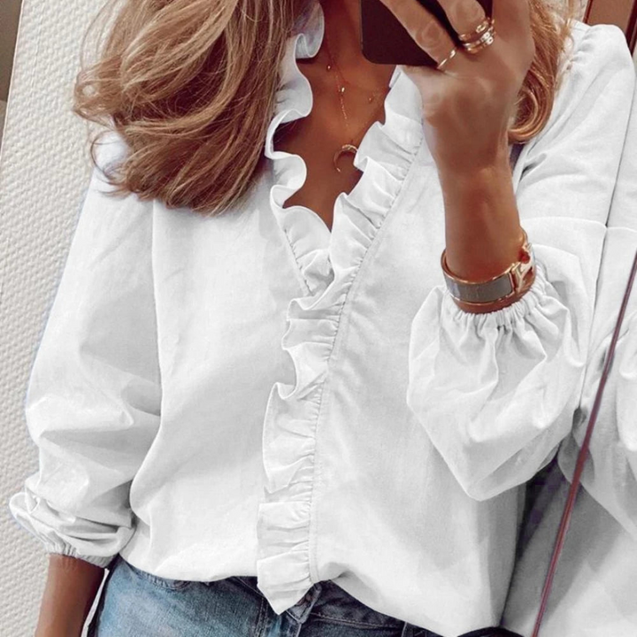 Women's Stylish Ruffle V-Neck Blouse | Long Sleeve