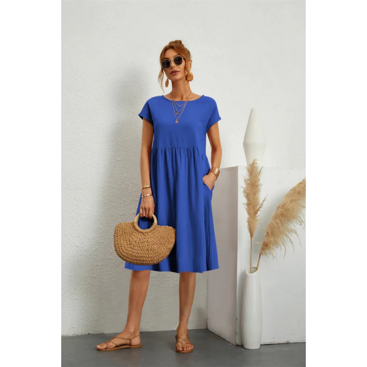 Women's Round Neck Short Sleeve Summer Midi Dress | with Pockets