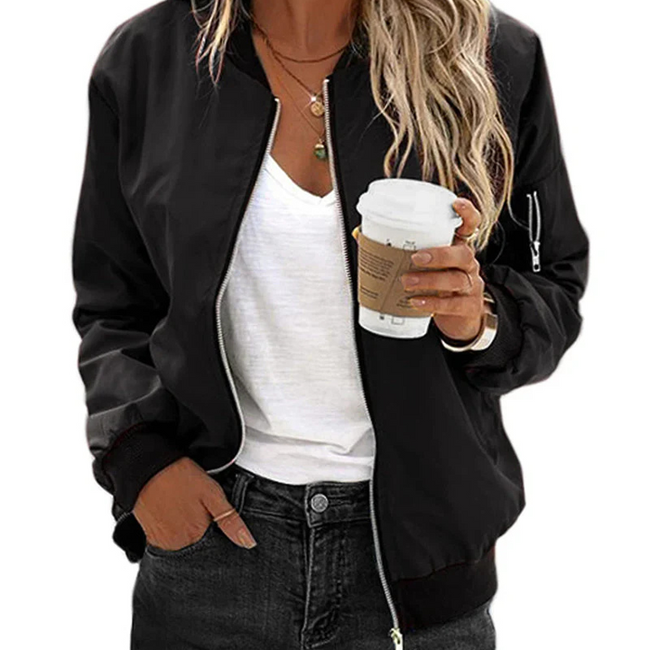 Women's Round Neck Zip Up Bomber Jacket | Classic