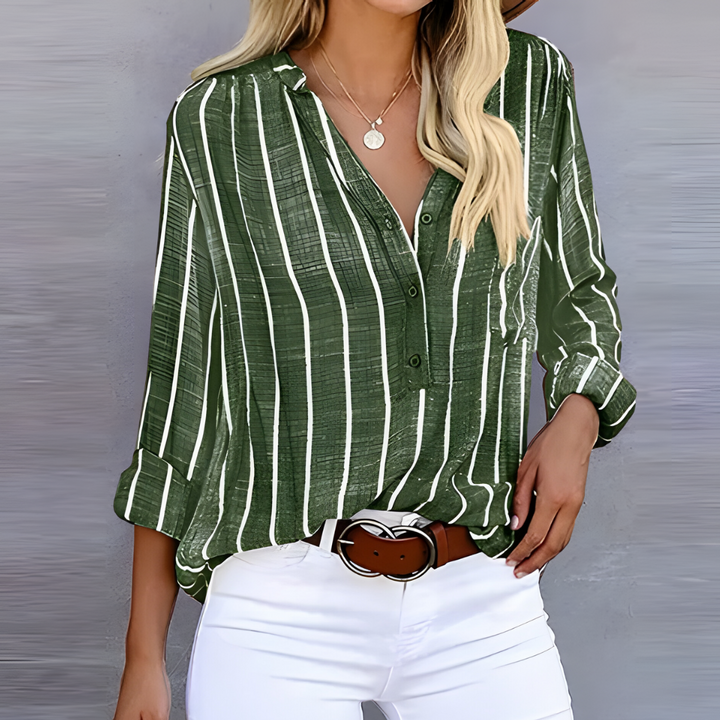 Women's Striped Long Sleeve V Neck Blouse | Button Down