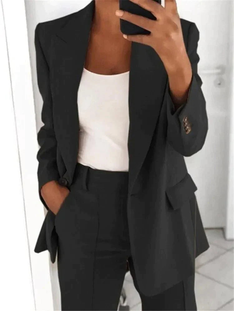 Women's Stylish Lapel Slim-Fit Blazer and Trousers Suit Set | Office