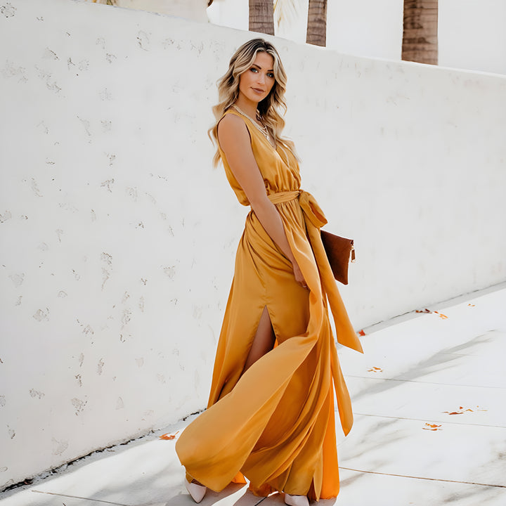 Women's Sleeveless V-Neck Wedding Guest Wrap Dress | Maxi