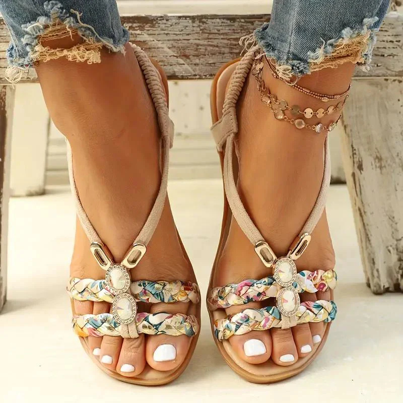 Women's Open Toe Summer Sandals with Elastic Strap | Flat