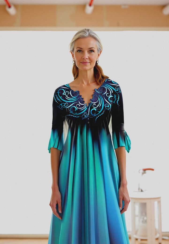 Women's Gradient Design Dress with Split Neckline & 3/4 Sleeves | Midi