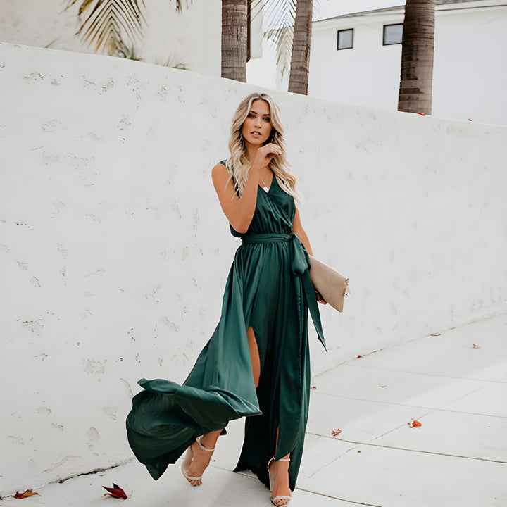 Women's Sleeveless V-Neck Wedding Guest Wrap Dress | Maxi