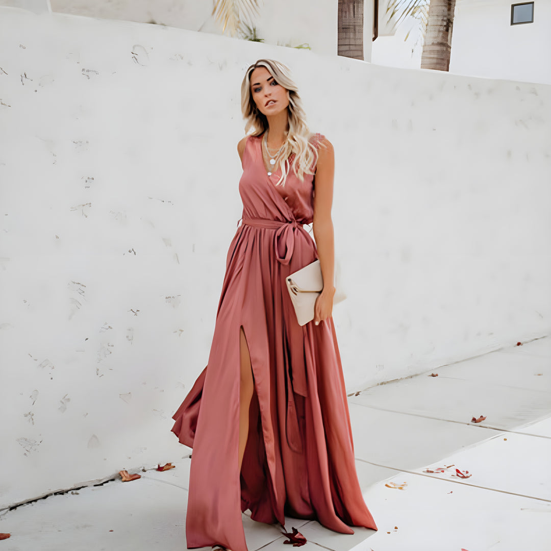 Women's Sleeveless V-Neck Wedding Guest Wrap Dress | Maxi