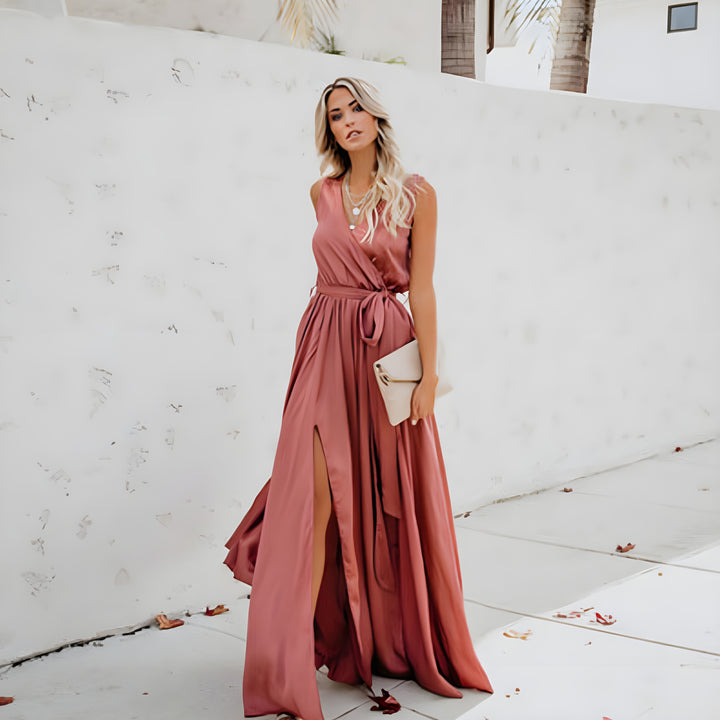 Women's Sleeveless V-Neck Wedding Guest Wrap Dress | Maxi