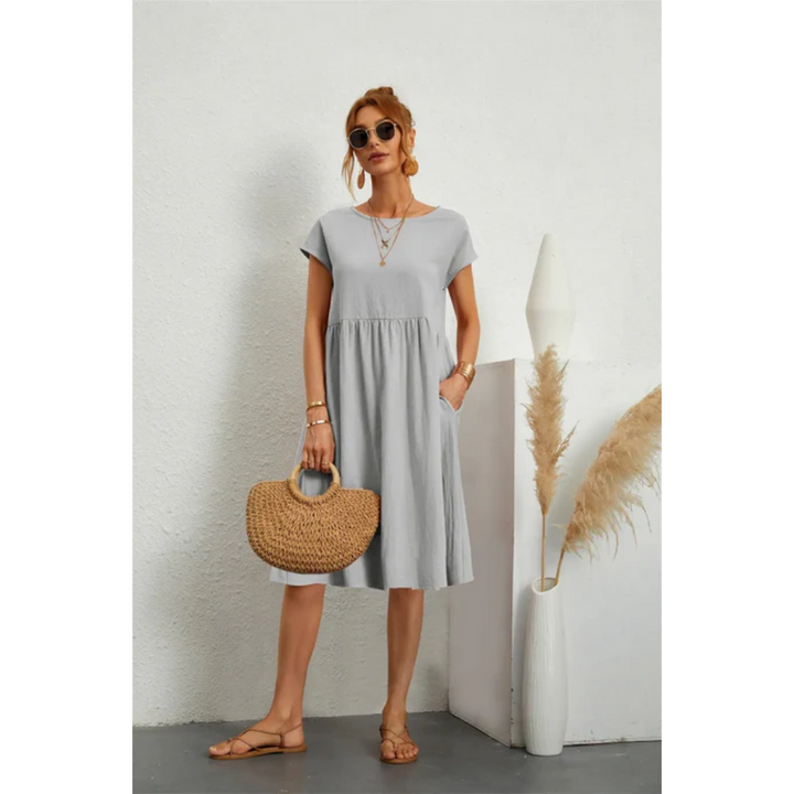 Women's Round Neck Short Sleeve Summer Midi Dress | with Pockets