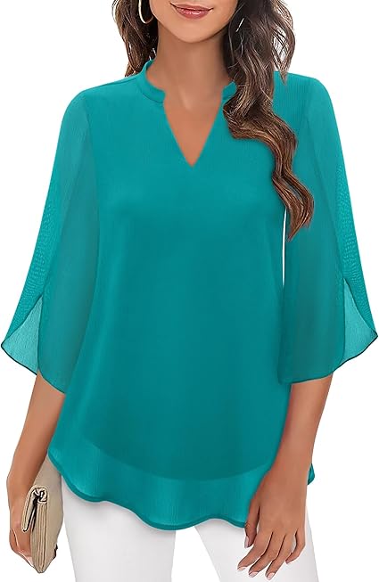 Women's Casual 3/4 Split Sleeves Flowy Blouse | V-Neck