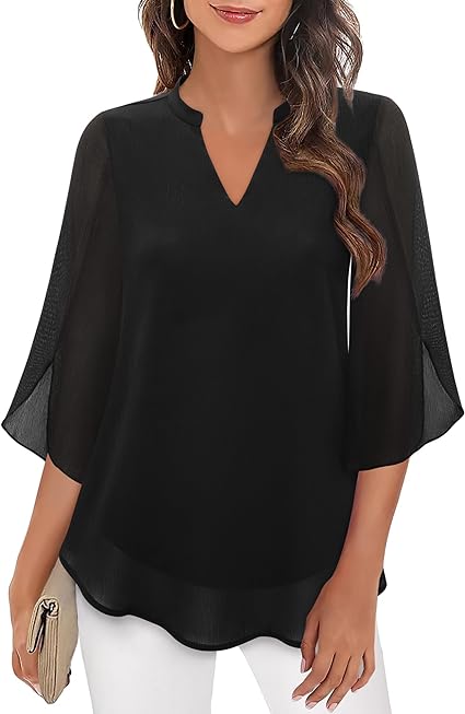 Women's Casual 3/4 Split Sleeves Flowy Blouse | V-Neck