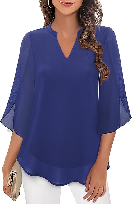 Women's Casual 3/4 Split Sleeves Flowy Blouse | V-Neck
