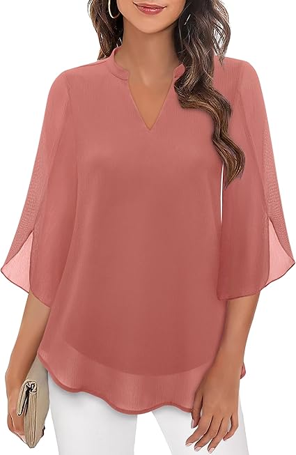 Women's Casual 3/4 Split Sleeves Flowy Blouse | V-Neck