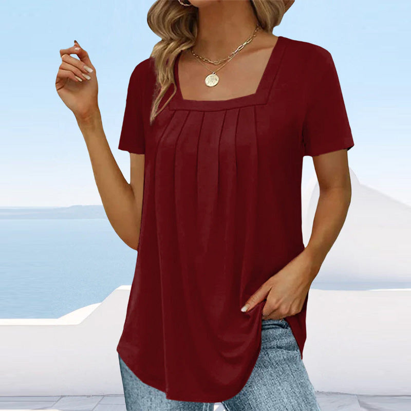 Women's Pleated Blouse with Square Neckline | Short Sleeve