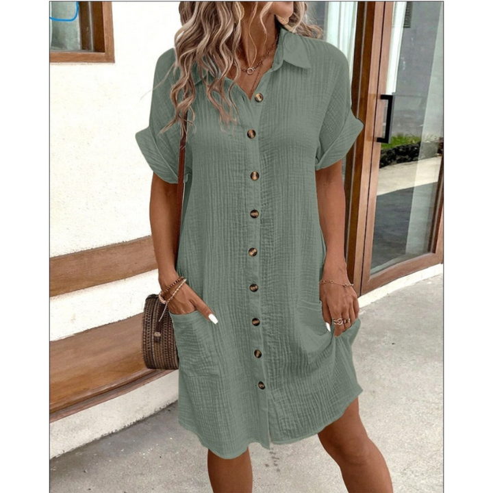 Women's V Neck Shirt Dress with Button Down & Short Sleeves | Mini