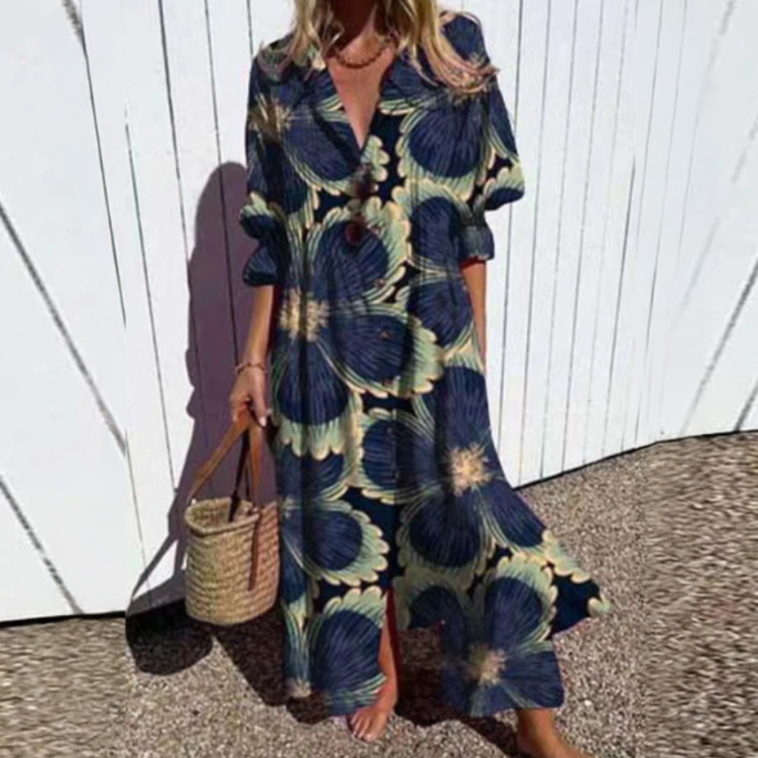 Women's Button Down Leafy Print Dress | Maxi