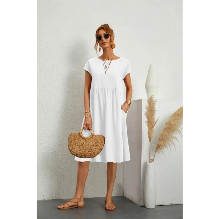 Women's Round Neck Short Sleeve Summer Midi Dress | with Pockets