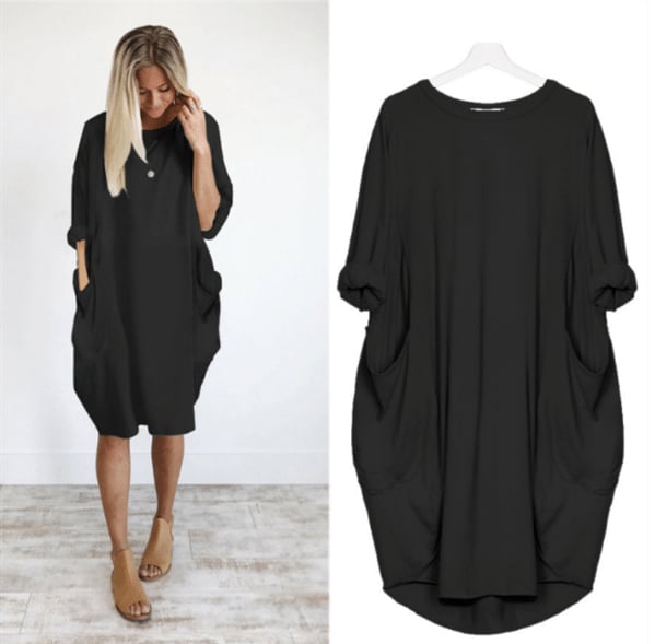 Women's Long Sleeve Loose Fit Round Neck Summer Dress | Midi