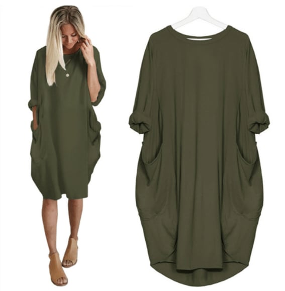 Women's Long Sleeve Loose Fit Round Neck Summer Dress | Midi