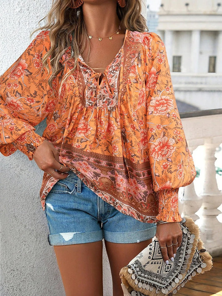 Women's Floral Print Long Sleeve Blouse | Tie-neck
