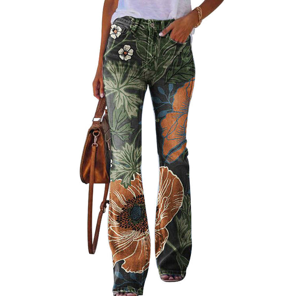 Women’s Floral Flared High Waist Pants | Button Fly