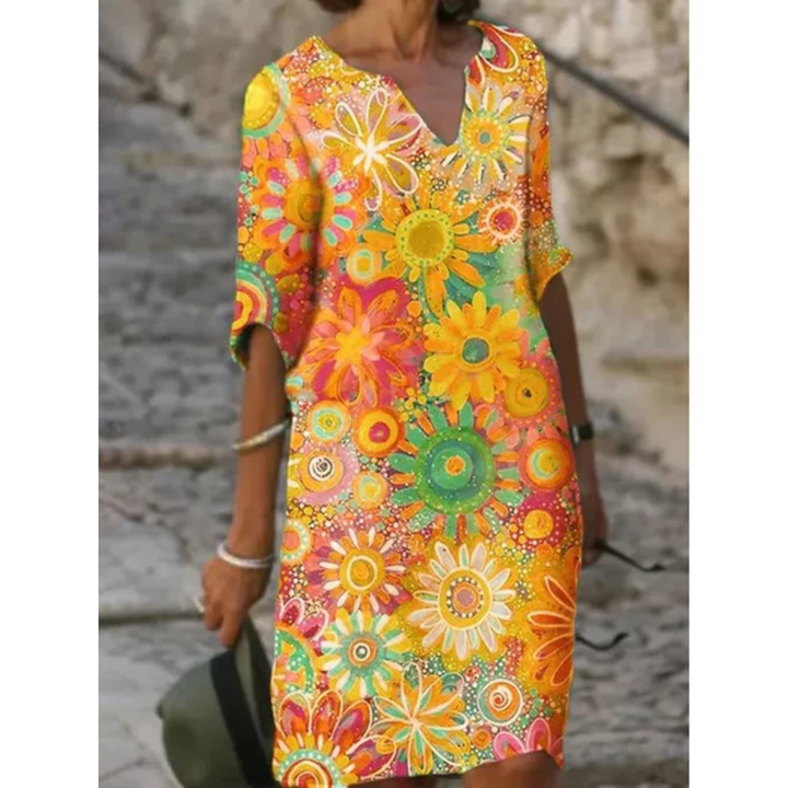 Women's Summer V-Neck Half Sleeve Midi Dress | with Floral Print