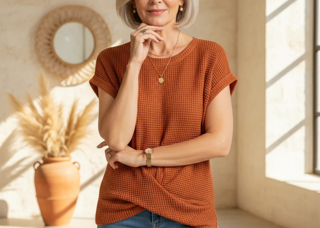Women's Waffle Knit Blouse | Rolled-up Sleeves