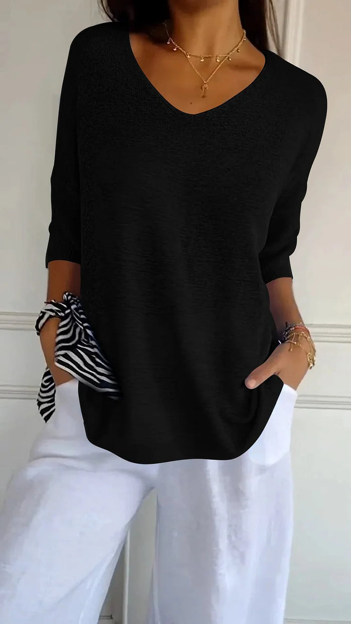 Women Solid Color Knitted 3/4 Sleeve V-Neck Tops | Casual